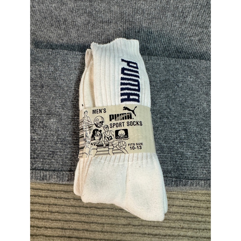 New Vintage Puma Sport Socks Mens White Navy Blue Crew Made in USA Deadstock